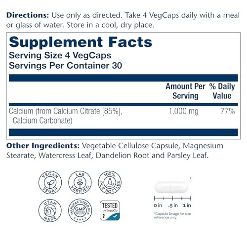 Solaray Calcium Citrat 1000 mg – Chelat-Calcium für Knochen & Zähne, leicht verdaulich, vegan – 120 Kapseln