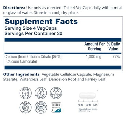 Solaray Calcium Citrat 1000 mg – Chelat-Calcium für Knochen & Zähne, leicht verdaulich, vegan – 120 Kapseln