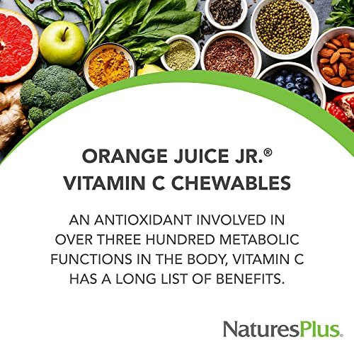 NaturesPlus Orange Juice Jr. – 180 Kautabletten – 100 mg Vitamin C – Immunsystem-Unterstützung – Sanft zum Magen – Vegan, Glutenfrei – 180 Portionen