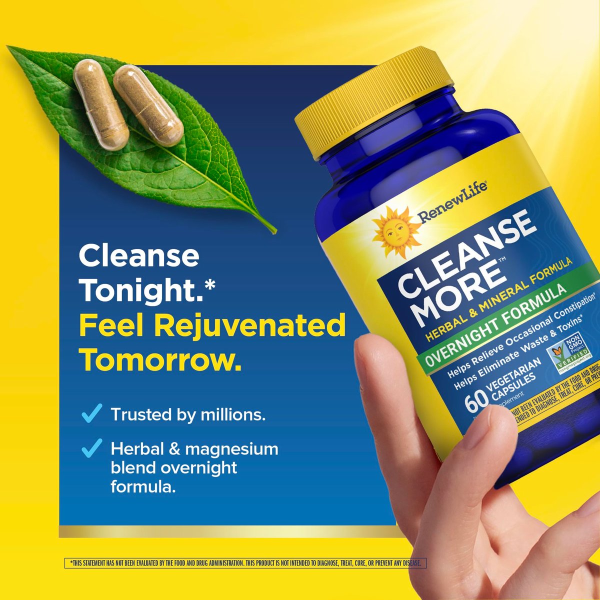 Renew Life Cleanse More Kräuterformel mit Magnesium zur nächtlichen Linderung gelegentlicher Verstopfung – Fördert die Ausscheidung von Abfallstoffen und Toxinen – Gluten-, Milch- und sojafrei – 60 vegetarische Kapseln