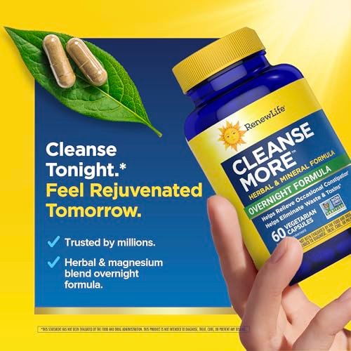 Renew Life Cleanse More Kräuterformel mit Magnesium zur nächtlichen Linderung gelegentlicher Verstopfung – Fördert die Ausscheidung von Abfallstoffen und Toxinen – Gluten-, Milch- und sojafrei – 60 vegetarische Kapseln