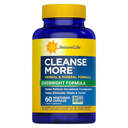 Renew Life Cleanse More Kräuterformel mit Magnesium zur nächtlichen Linderung gelegentlicher Verstopfung – Fördert die Ausscheidung von Abfallstoffen und Toxinen – Gluten-, Milch- und sojafrei – 60 vegetarische Kapseln