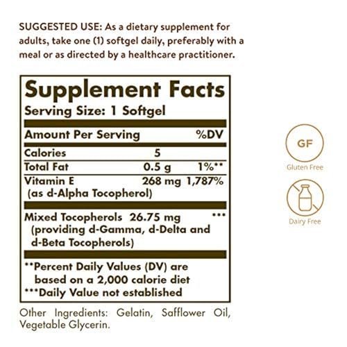 Solgar Vitamin E 268 mg (400 IE) (d-Alpha-Tocopherol & Gemischte Tocopherole), 100 Softgels - Unterstützt Immunsystem & Hauternährung - Natürliches Antioxidans - Glutenfrei, Laktosefrei - 100 Portionen