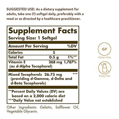 Solgar Vitamin E 268 mg (400 IE) (d-Alpha-Tocopherol & Gemischte Tocopherole), 100 Softgels - Unterstützt Immunsystem & Hauternährung - Natürliches Antioxidans - Glutenfrei, Laktosefrei - 100 Portionen