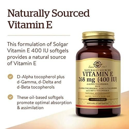 Solgar Vitamin E 268 mg (400 IE) (d-Alpha-Tocopherol & Gemischte Tocopherole), 100 Softgels - Unterstützt Immunsystem & Hauternährung - Natürliches Antioxidans - Glutenfrei, Laktosefrei - 100 Portionen
