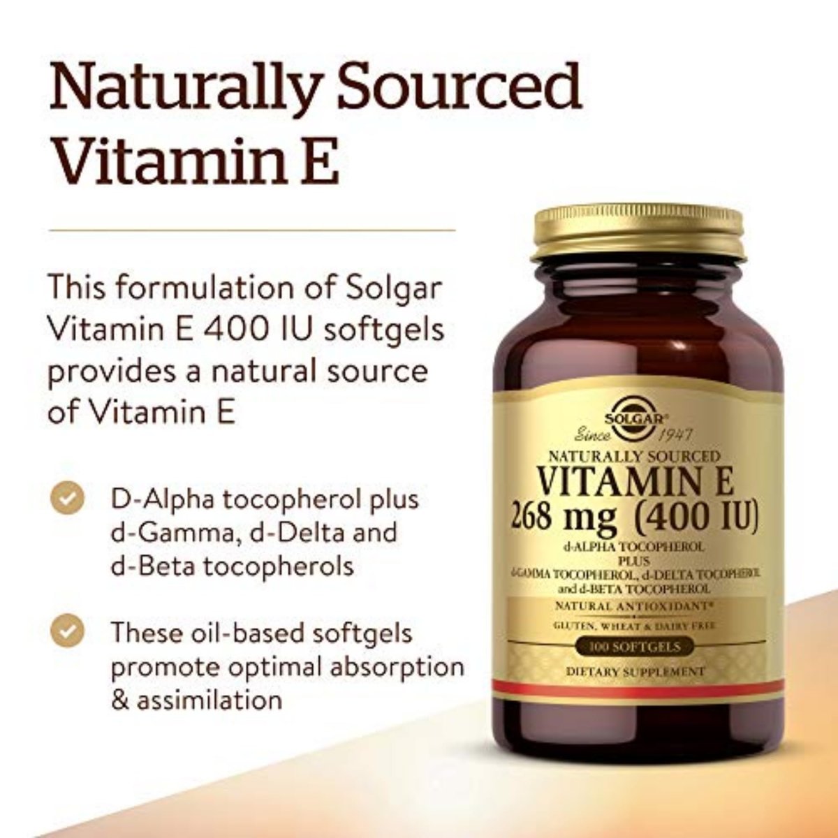 Solgar Vitamin E 268 mg (400 IE) (d-Alpha-Tocopherol & Gemischte Tocopherole), 100 Softgels - Unterstützt Immunsystem & Hauternährung - Natürliches Antioxidans - Glutenfrei, Laktosefrei - 100 Portionen