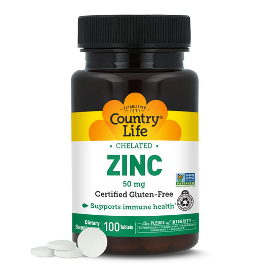 Country Life Chelated Zink 50 mg – 100 vegane Tabletten, glutenfrei, zur Immununterstützung