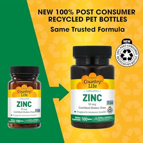Country Life Chelated Zink 50 mg – 100 vegane Tabletten, glutenfrei, zur Immununterstützung