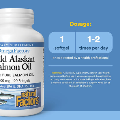 Omega Factors von Natural Factors – Wilder Alaskan Lachsöl für Herz- und Gehirngesundheit mit Omega-3 DHA und EPA, 90 Weichkapseln