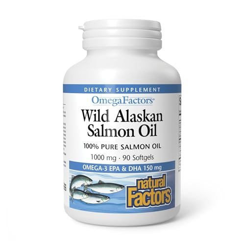 Omega Factors von Natural Factors – Wilder Alaskan Lachsöl für Herz- und Gehirngesundheit mit Omega-3 DHA und EPA, 90 Weichkapseln