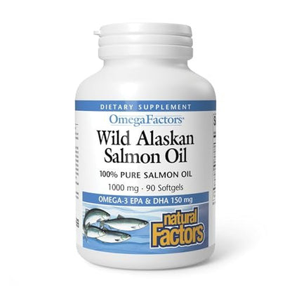 Omega Factors von Natural Factors – Wilder Alaskan Lachsöl für Herz- und Gehirngesundheit mit Omega-3 DHA und EPA, 90 Weichkapseln