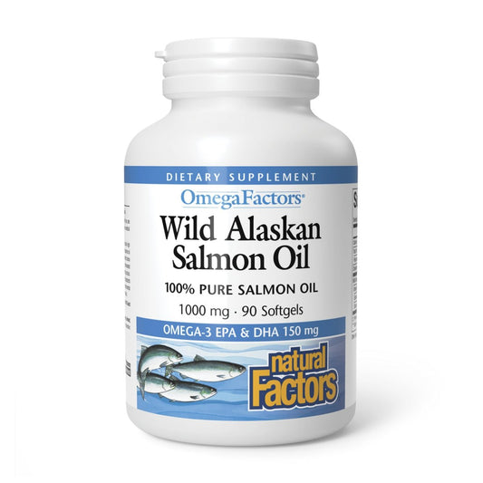 Omega Factors von Natural Factors – Wilder Alaskan Lachsöl für Herz- und Gehirngesundheit mit Omega-3 DHA und EPA, 90 Weichkapseln