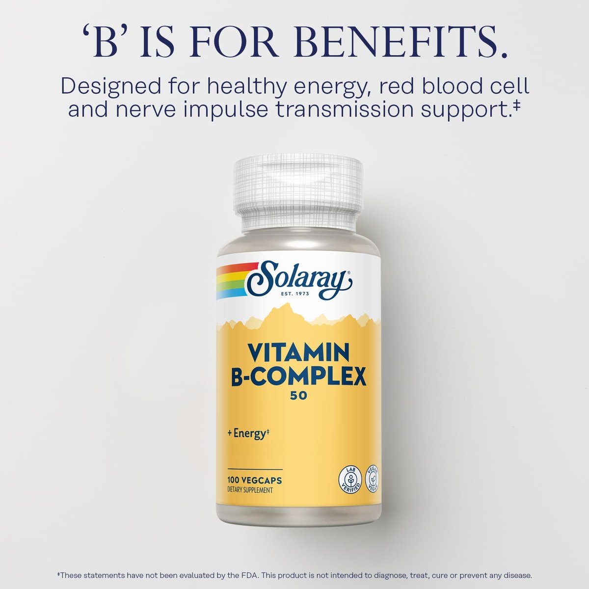 SOLARAY Vitamin B-Komplex 50 mg – Zellenergie-Vitamine für Stoffwechsel und Nervenunterstützung mit Vitamin B12, B1, B6, Niacin, Folsäure, Biotin und anderen B-Vitaminen – Vegan, 100 VegCaps
