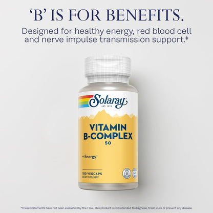 SOLARAY Vitamin B-Komplex 50 mg – Zellenergie-Vitamine für Stoffwechsel und Nervenunterstützung mit Vitamin B12, B1, B6, Niacin, Folsäure, Biotin und anderen B-Vitaminen – Vegan, 100 VegCaps