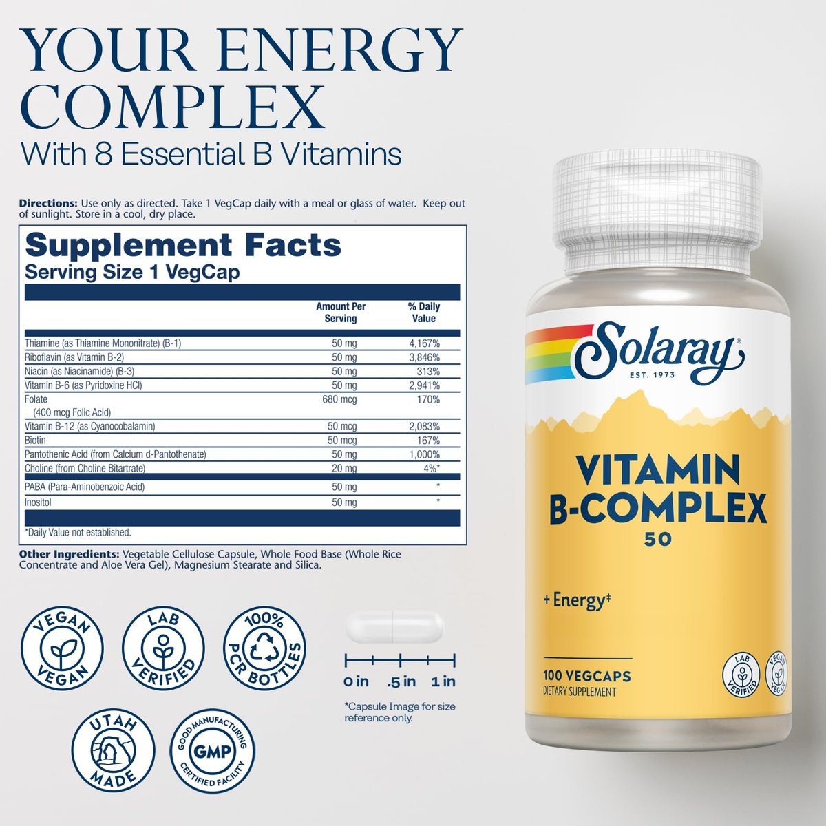 SOLARAY Vitamin B-Komplex 50 mg – Zellenergie-Vitamine für Stoffwechsel und Nervenunterstützung mit Vitamin B12, B1, B6, Niacin, Folsäure, Biotin und anderen B-Vitaminen – Vegan, 100 VegCaps