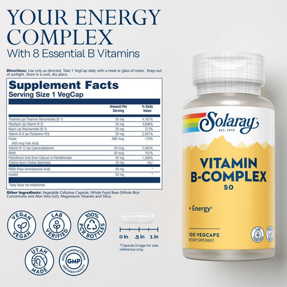 SOLARAY Vitamin B-Komplex 50 mg – Zellenergie-Vitamine für Stoffwechsel und Nervenunterstützung mit Vitamin B12, B1, B6, Niacin, Folsäure, Biotin und anderen B-Vitaminen – Vegan, 100 VegCaps