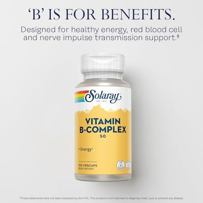 SOLARAY Vitamin B-Komplex 50 mg – Zellenergie-Vitamine für Stoffwechsel und Nervenunterstützung mit Vitamin B12, B1, B6, Niacin, Folsäure, Biotin und anderen B-Vitaminen – Vegan, 100 VegCaps
