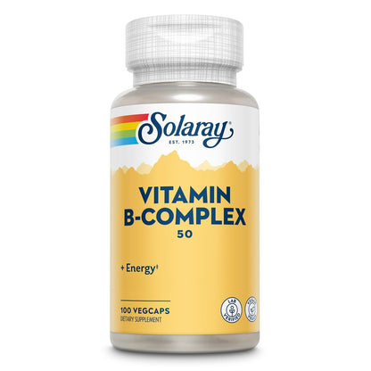 SOLARAY Vitamin B-Komplex 50 mg – Zellenergie-Vitamine für Stoffwechsel und Nervenunterstützung mit Vitamin B12, B1, B6, Niacin, Folsäure, Biotin und anderen B-Vitaminen – Vegan, 100 VegCaps