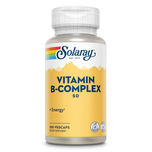 SOLARAY Vitamin B-Komplex 50 mg – Zellenergie-Vitamine für Stoffwechsel und Nervenunterstützung mit Vitamin B12, B1, B6, Niacin, Folsäure, Biotin und anderen B-Vitaminen – Vegan, 100 VegCaps