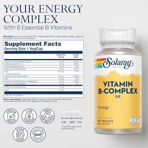 SOLARAY Vitamin B-Komplex 50 mg – Zellenergie-Vitamine für Stoffwechsel und Nervenunterstützung mit Vitamin B12, B1, B6, Niacin, Folsäure, Biotin und anderen B-Vitaminen – Vegan, 100 VegCaps