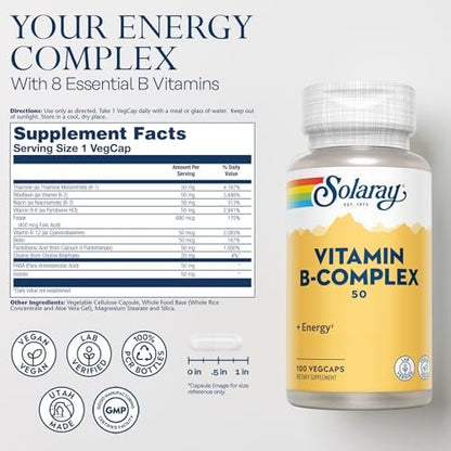 SOLARAY Vitamin B-Komplex 50 mg – Zellenergie-Vitamine für Stoffwechsel und Nervenunterstützung mit Vitamin B12, B1, B6, Niacin, Folsäure, Biotin und anderen B-Vitaminen – Vegan, 100 VegCaps