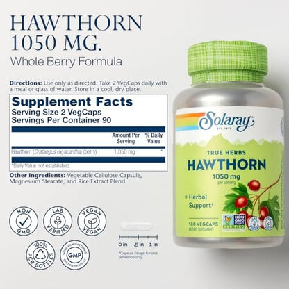 SOLARAY Weißdornbeeren Kapseln 1050 mg – Beruhigende Kräuterunterstützung – Vegan, Nicht-GVO, 180 VegCaps, 90 Portionen