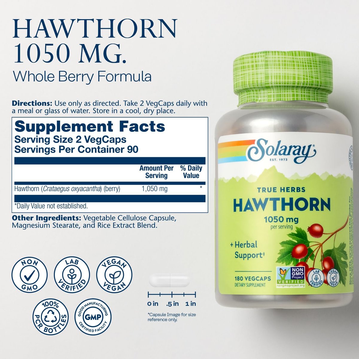 SOLARAY Weißdornbeeren Kapseln 1050 mg – Beruhigende Kräuterunterstützung – Vegan, Nicht-GVO, 180 VegCaps, 90 Portionen