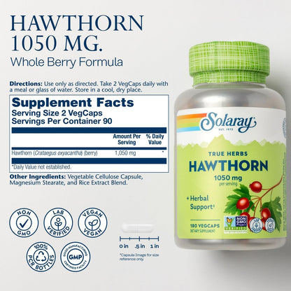 SOLARAY Weißdornbeeren Kapseln 1050 mg – Beruhigende Kräuterunterstützung – Vegan, Nicht-GVO, 180 VegCaps, 90 Portionen