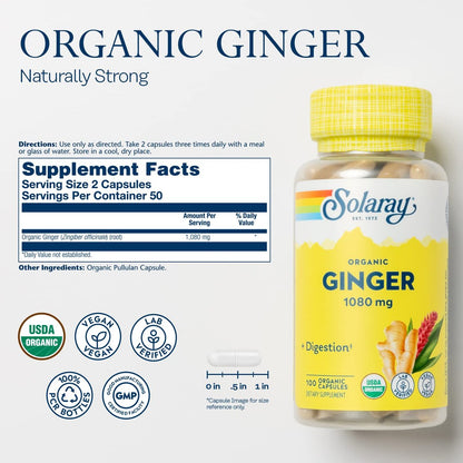 SOLARAY Bio-Ingwer 1080 mg – Organisches Ingwerpräparat gegen Übelkeit und Erbrechen bei Reisekrankheit, unterstützt die Gelenkgesundheit – Vegan, nicht müde machend, 60-Tage-Garantie, 50 Portionen