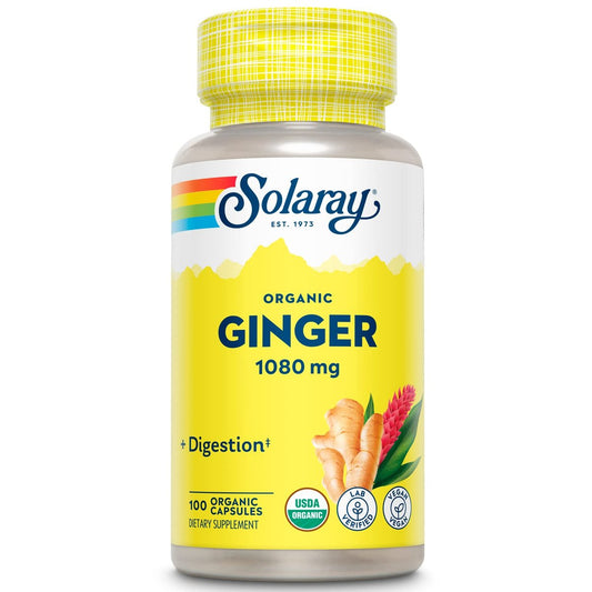 SOLARAY Bio-Ingwer 1080 mg – Organisches Ingwerpräparat gegen Übelkeit und Erbrechen bei Reisekrankheit, unterstützt die Gelenkgesundheit – Vegan, nicht müde machend, 60-Tage-Garantie, 50 Portionen