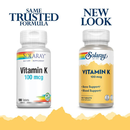 SOLARAY Vitamin K1 Nahrungsergänzungsmittel für Männer & Frauen – Vitamin K 1 100 µg für Knochengesundheit & Blutunterstützung, Tägliches VIT-K-Präparat, Vegan – 100 Tabletten