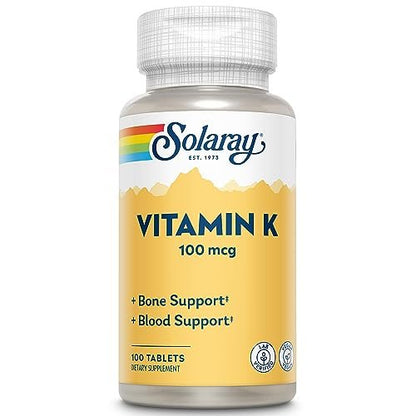 SOLARAY Vitamin K1 Nahrungsergänzungsmittel für Männer & Frauen – Vitamin K 1 100 µg für Knochengesundheit & Blutunterstützung, Tägliches VIT-K-Präparat, Vegan – 100 Tabletten