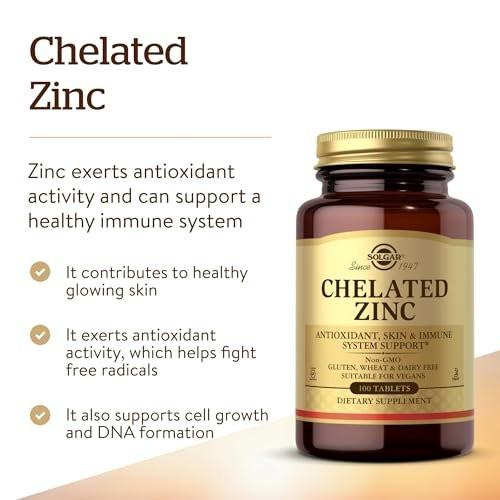 Solgar Chelat-Zink, 100 Tabletten – Zink für gesunde Haut – Unterstützt Zellwachstum & DNA-Bildung – Antioxidative Wirkung – Stärkt das Immunsystem – Nicht-GVO, glutenfrei – 100 Portionen