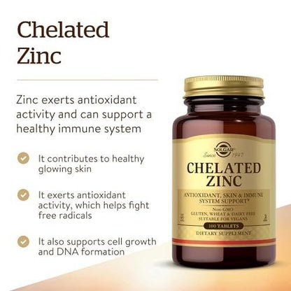 Solgar Chelat-Zink, 100 Tabletten – Zink für gesunde Haut – Unterstützt Zellwachstum & DNA-Bildung – Antioxidative Wirkung – Stärkt das Immunsystem – Nicht-GVO, glutenfrei – 100 Portionen
