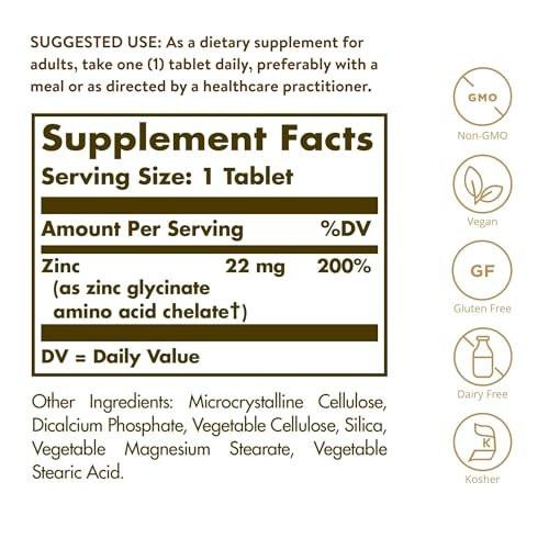 Solgar Chelat-Zink, 100 Tabletten – Zink für gesunde Haut – Unterstützt Zellwachstum & DNA-Bildung – Antioxidative Wirkung – Stärkt das Immunsystem – Nicht-GVO, glutenfrei – 100 Portionen