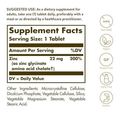 Solgar Chelat-Zink, 100 Tabletten – Zink für gesunde Haut – Unterstützt Zellwachstum & DNA-Bildung – Antioxidative Wirkung – Stärkt das Immunsystem – Nicht-GVO, glutenfrei – 100 Portionen