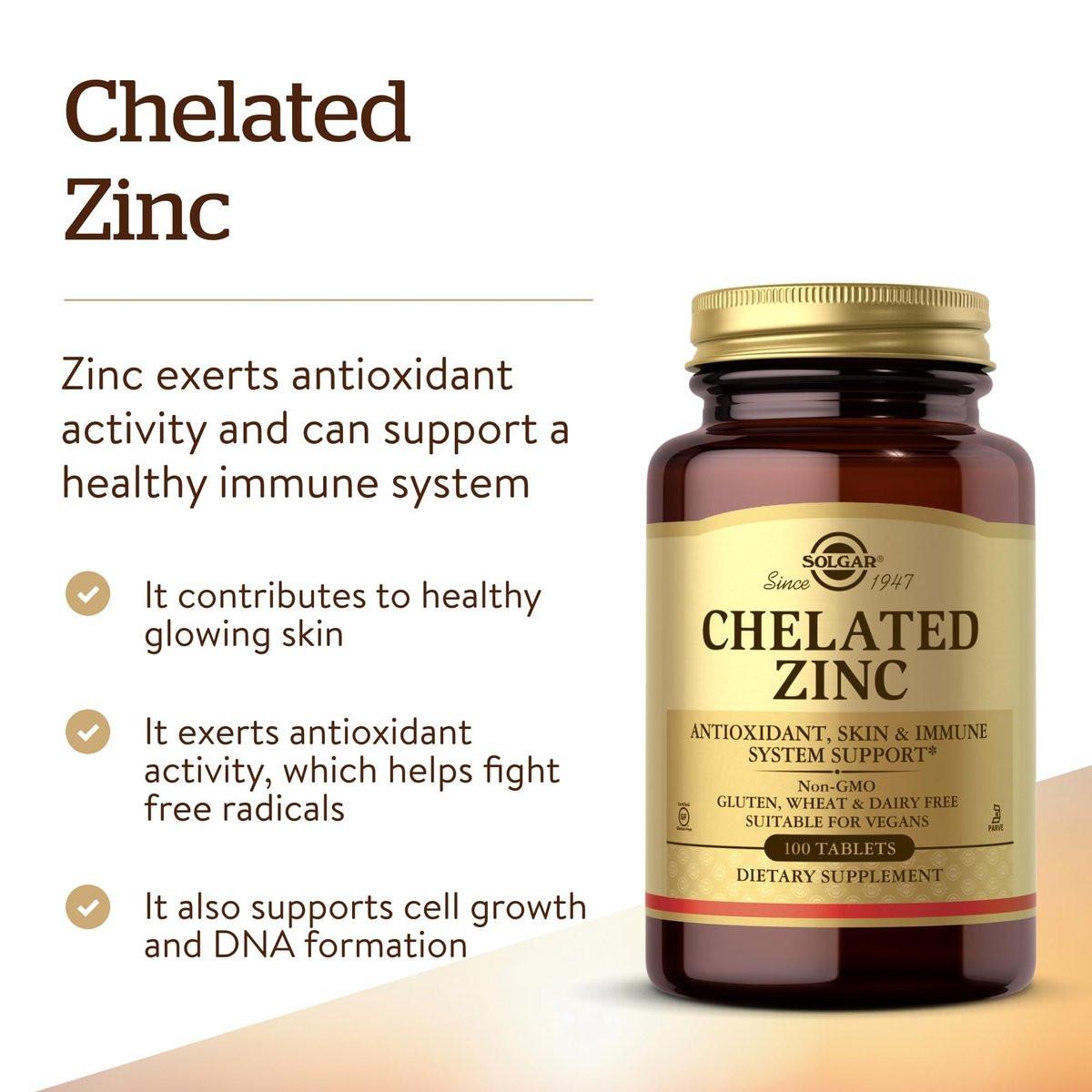 Solgar Chelat-Zink, 100 Tabletten – Zink für gesunde Haut – Unterstützt Zellwachstum & DNA-Bildung – Antioxidative Wirkung – Stärkt das Immunsystem – Nicht-GVO, glutenfrei – 100 Portionen