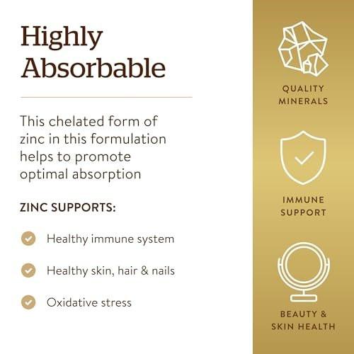 Solgar Chelat-Zink, 100 Tabletten – Zink für gesunde Haut – Unterstützt Zellwachstum & DNA-Bildung – Antioxidative Wirkung – Stärkt das Immunsystem – Nicht-GVO, glutenfrei – 100 Portionen