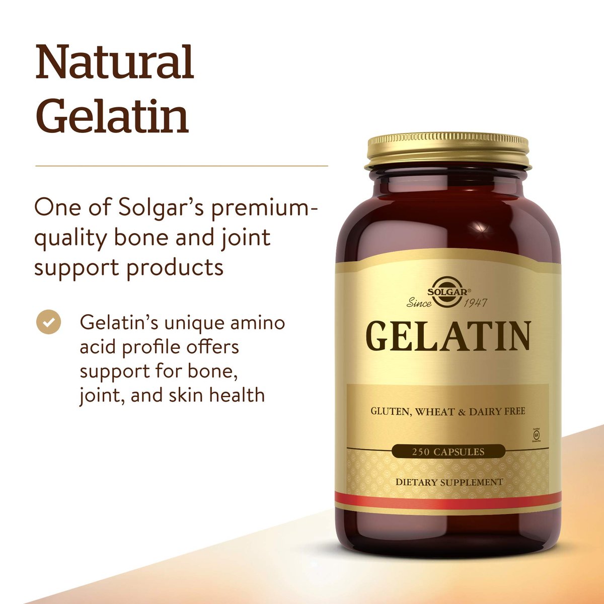 Solgar Gelatine 1680 mg, 250 Kapseln - Natürliche Gelatine - Unterstützt Knochen-, Gelenk- und Hautgesundheit - Glutenfrei, Laktosefrei - 83 Portionen