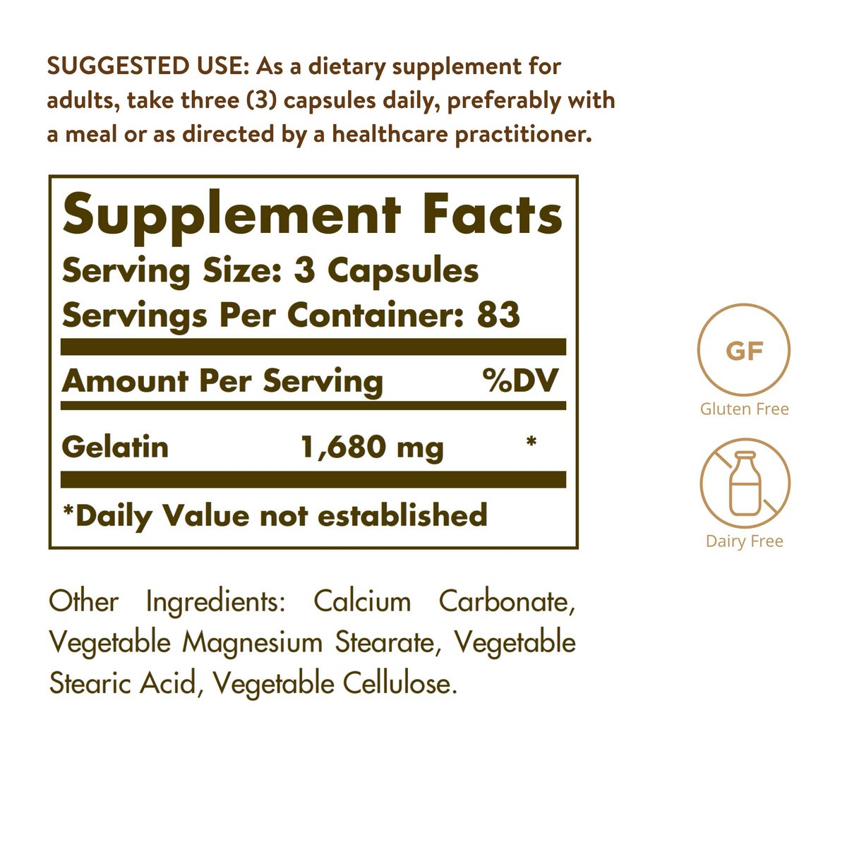 Solgar Gelatine 1680 mg, 250 Kapseln - Natürliche Gelatine - Unterstützt Knochen-, Gelenk- und Hautgesundheit - Glutenfrei, Laktosefrei - 83 Portionen