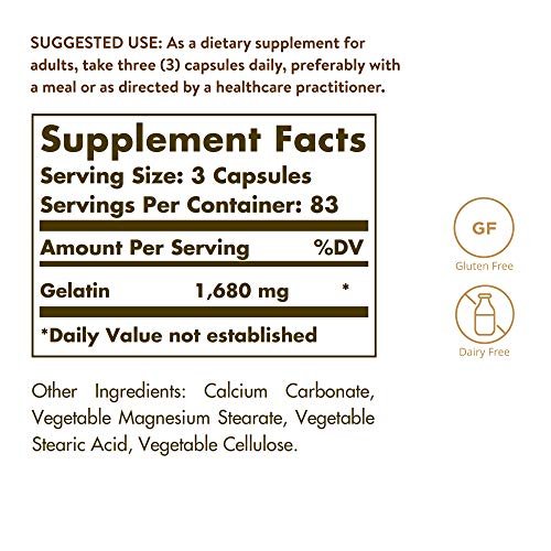Solgar Gelatine 1680 mg, 250 Kapseln - Natürliche Gelatine - Unterstützt Knochen-, Gelenk- und Hautgesundheit - Glutenfrei, Laktosefrei - 83 Portionen