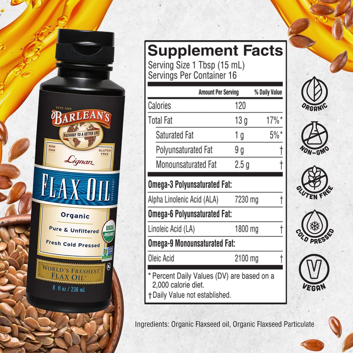 Barlean's Bioaktives Leinsamenöl mit Lignanen und Omega 3 – Kaltgepresst, Vegan & Glutenfrei, 237 ml