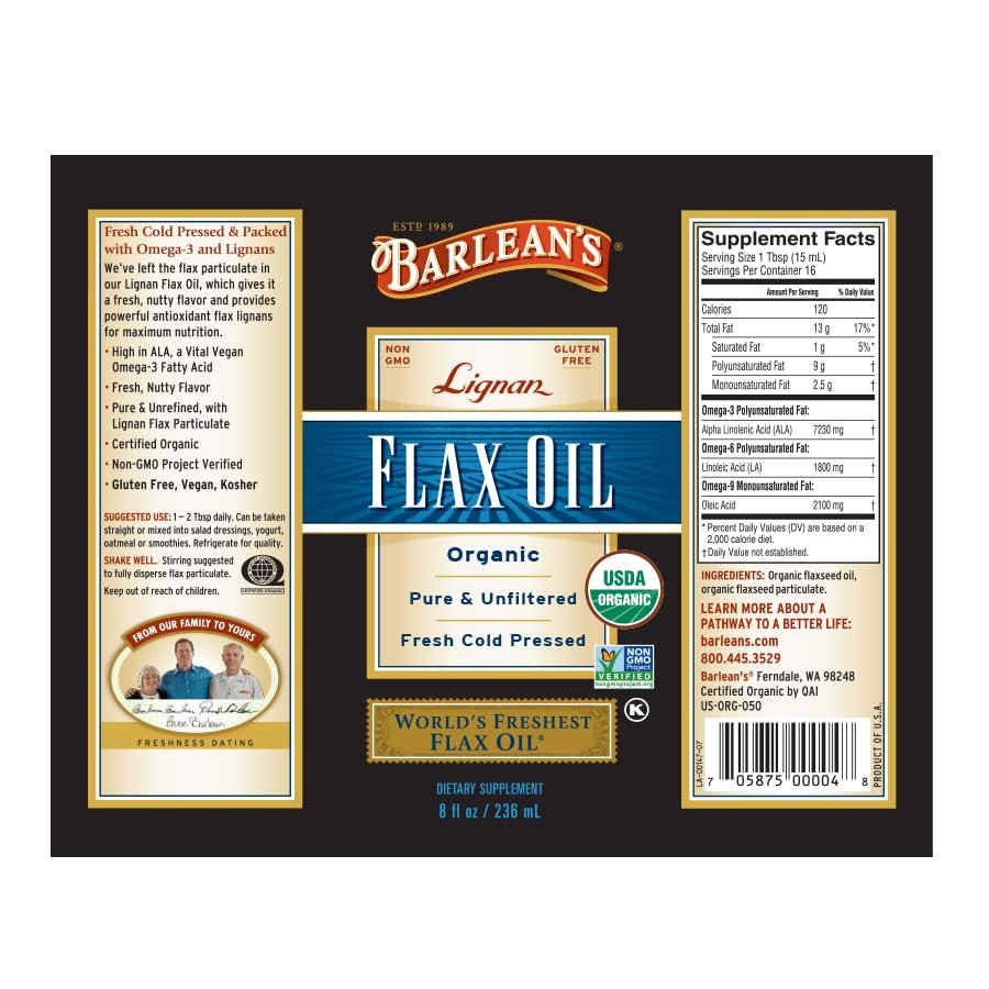 Barlean's Omega 3-6-9 Leinsamenöl-Kapseln mit Lignanen, kaltgepresst, 1550 mg ALA-Fettsäuren, 100 Stück