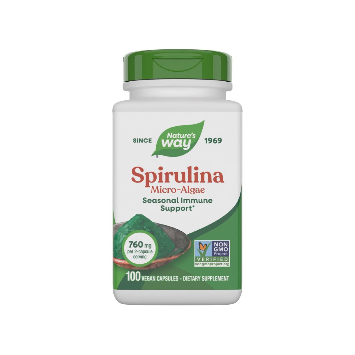 Nature's Way Spirulina Mikroalge – Saisonale Immununterstützung, Quelle für Vitamin A (Beta-Carotin), 760 mg pro Portion, 100 vegane Kapseln