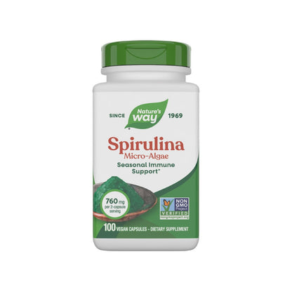 Nature's Way Spirulina Mikroalge – Saisonale Immununterstützung, Quelle für Vitamin A (Beta-Carotin), 760 mg pro Portion, 100 vegane Kapseln