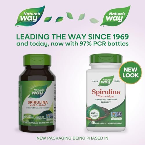 Nature's Way Spirulina Mikroalge – Saisonale Immununterstützung, Quelle für Vitamin A (Beta-Carotin), 760 mg pro Portion, 100 vegane Kapseln