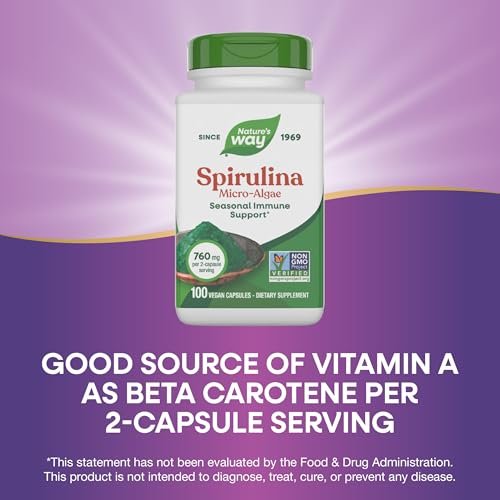 Nature's Way Spirulina Mikroalge – Saisonale Immununterstützung, Quelle für Vitamin A (Beta-Carotin), 760 mg pro Portion, 100 vegane Kapseln