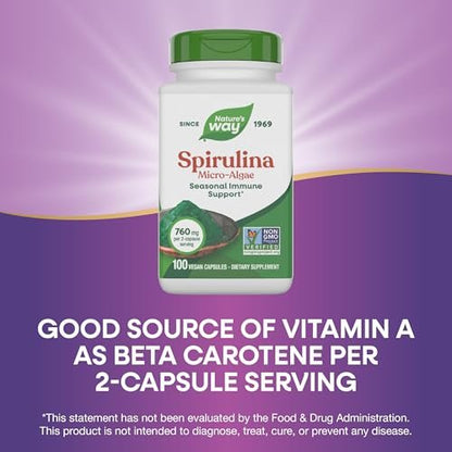 Nature's Way Spirulina Mikroalge – Saisonale Immununterstützung, Quelle für Vitamin A (Beta-Carotin), 760 mg pro Portion, 100 vegane Kapseln