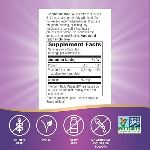 Nature's Way Spirulina Mikroalge – Saisonale Immununterstützung, Quelle für Vitamin A (Beta-Carotin), 760 mg pro Portion, 100 vegane Kapseln
