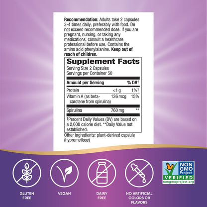 Nature's Way Spirulina Mikroalge – Saisonale Immununterstützung, Quelle für Vitamin A (Beta-Carotin), 760 mg pro Portion, 100 vegane Kapseln